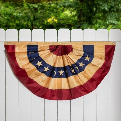 Vintage Patriotic Tea-Stained Pleated Bunting Flag with Stars
