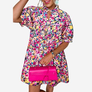 Amaryllis Women’s Floral Collared Babydoll Dress Puff Short Sleeves Flowy Silhouette Pockets Lightweight - 1 of 4