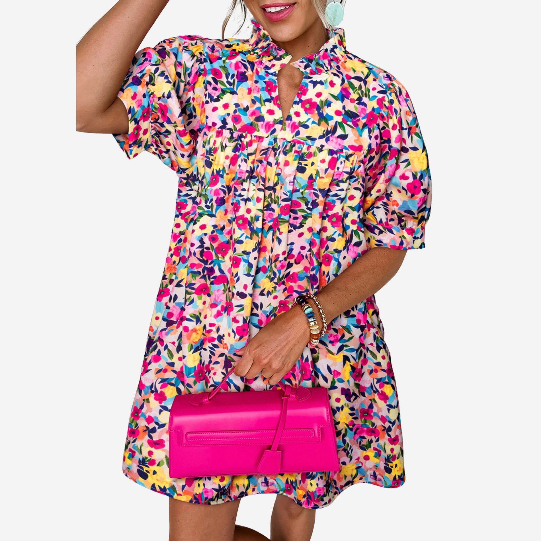 Amaryllis Women’s Floral Collared Babydoll Dress Puff Short Sleeves Flowy Silhouette Pockets Lightweight