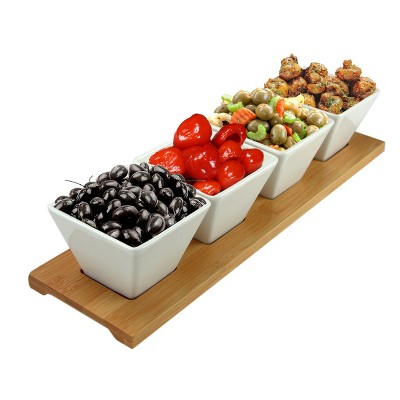 White Ceramic and Bamboo Rectangular Serving Set, 5 Piece