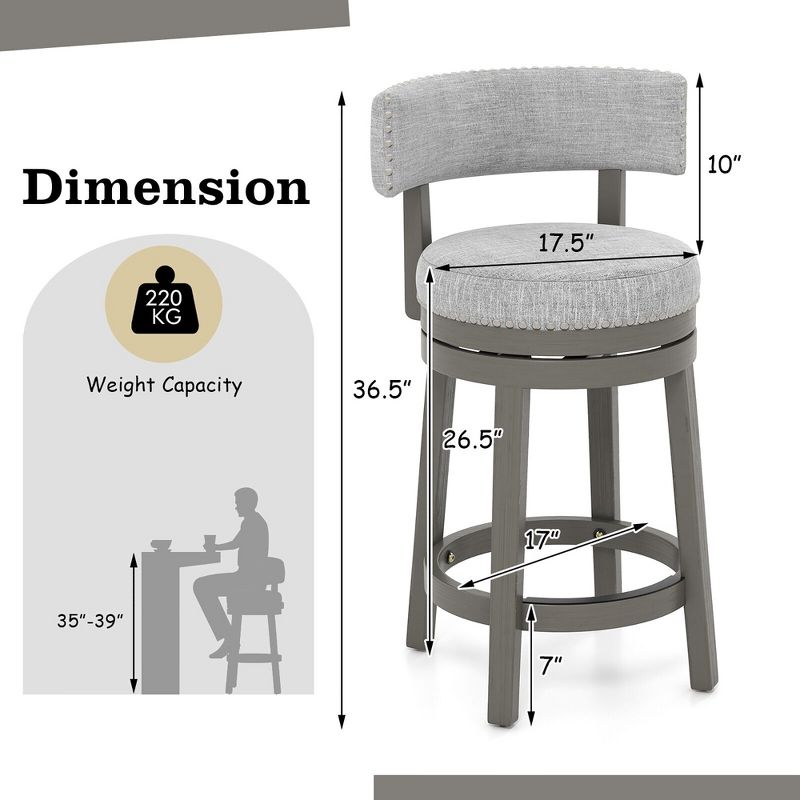 Tangkula Set of 2 Upholstered Swivel Bar Stools Wooden Counter Height Kitchen Chairs Gray, 5 of 9
