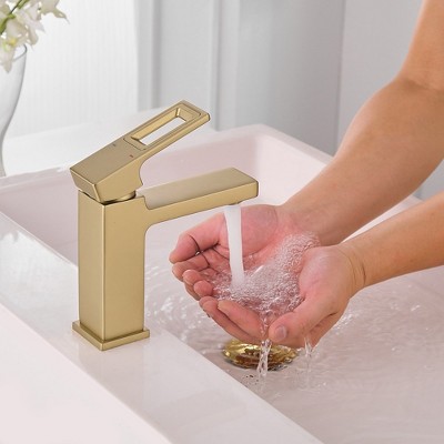 Brushed Gold Single-Handle Low-Arc Bathroom Faucet with Drain