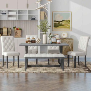 6 PCS Retro Dining Set, Rectangular Dining Table with MDF Tabletop, Upholstered Chairs and Bench with LVL Frame and Cushion-Cuddlewood - 1 of 4