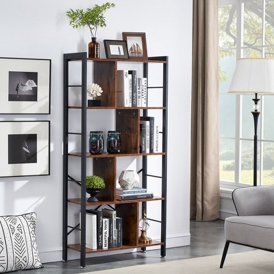 VECELO Wooden Bookcase Retro Industrial Bookshelf with Metal Frame & Open Platform, 4 Shelf Bookcase, Brown