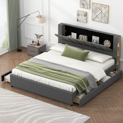 NicBex King Size Upholstery Platform Bed with Storage Headboard,2 Drawers and Trundle for Kids Teens Adults,Gray