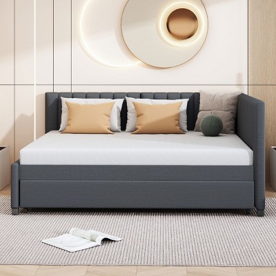 Full Size Upholstered Bed with Pull-Out Trundle and Backrest, Linen Sofa Bed for Apartment or Guest Room-Baofuwish