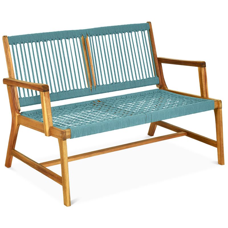 Tangkula 2-Person Outdoor Acacia Wood Bench Patio Loveseat Rope Bench Turquoise/Black, 4 of 7