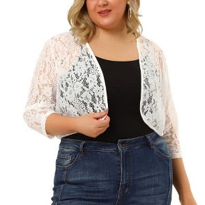 Agnes Orinda Women's Plus Size Sheer Cardigan 3/4 Sleeves Floral Lace Crop Shrug - 1 of 4