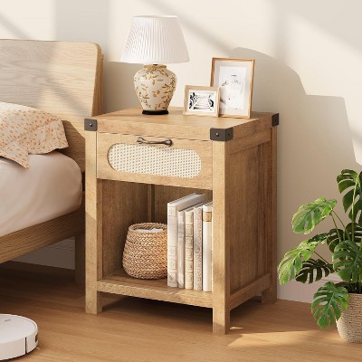 Rattan Nightstand – Boho Accent Table with Rattan Drawers & Metal Legs