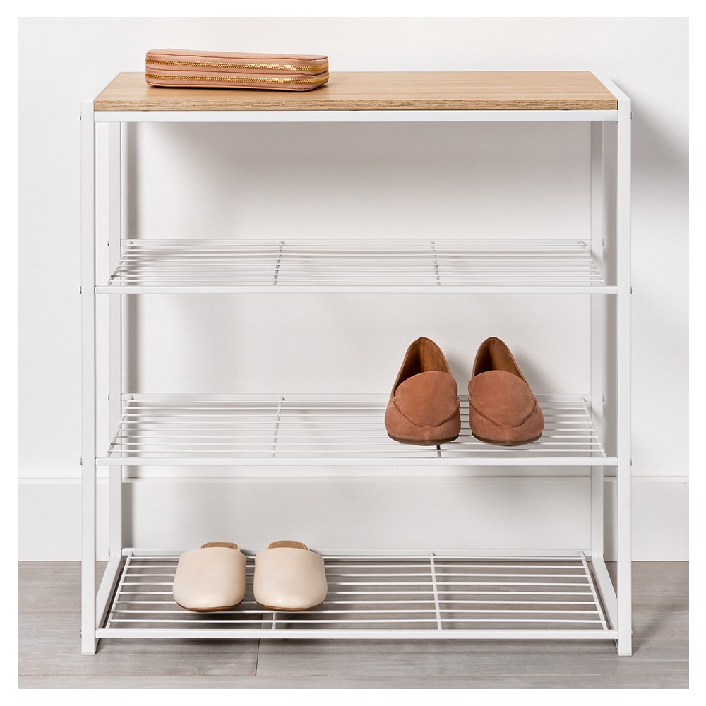 4 Tier Shoe Rack White Metal with Natural Wood - Brightroom™