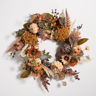 Faux 28"D Oak Leaf & Pumpkin Wreath W/ Pine Cones - FXP1056 -Multicolored - Safavieh