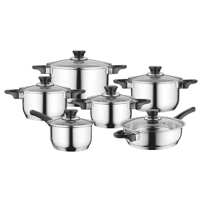 BergHOFF Essentials Gourmet 12Pc  18/10 Stainless Steel Cookware Set, Black Handles