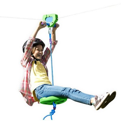 HearthSong 100-Foot Green Stainless Steel Backyard Zipline Kit with Adjustable Seat, Non-Slip Handles, and Rubber Stopper