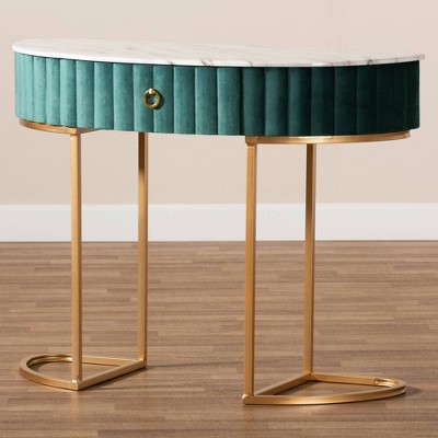 Luxurious Green Velvet and Gold 40" Console Table with Faux Marble Top