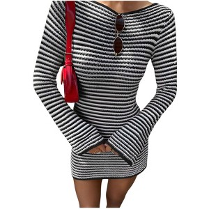 Women's Striped Hollow Out Sweater Mini Dress Bell Sleeve Crew Neck Long Sleeve Casual Fall Dresses Beach Cover Up - 1 of 4