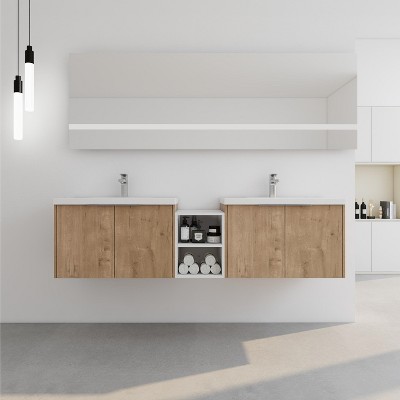 Vynxaria 72 Inch Soft Close Doors Bathroom Vanity With Sink, Two Small Storage Shelves, 24" and 12" Combination Cabinet