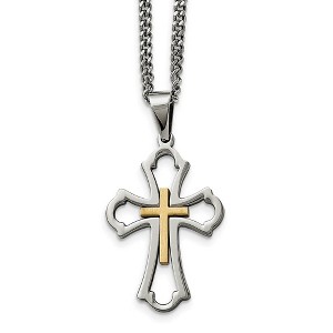 Black Bow Jewelry Polished & Brushed Stainless Steel & Gold Tone Cross Necklace, 22 Inch - 1 of 4