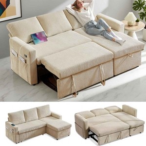 Vipbear 81" Sleeper Sofa Bed with Pull Out Bed L Shaped Couch Sectional Sleeper Sofa Beige - 1 of 4
