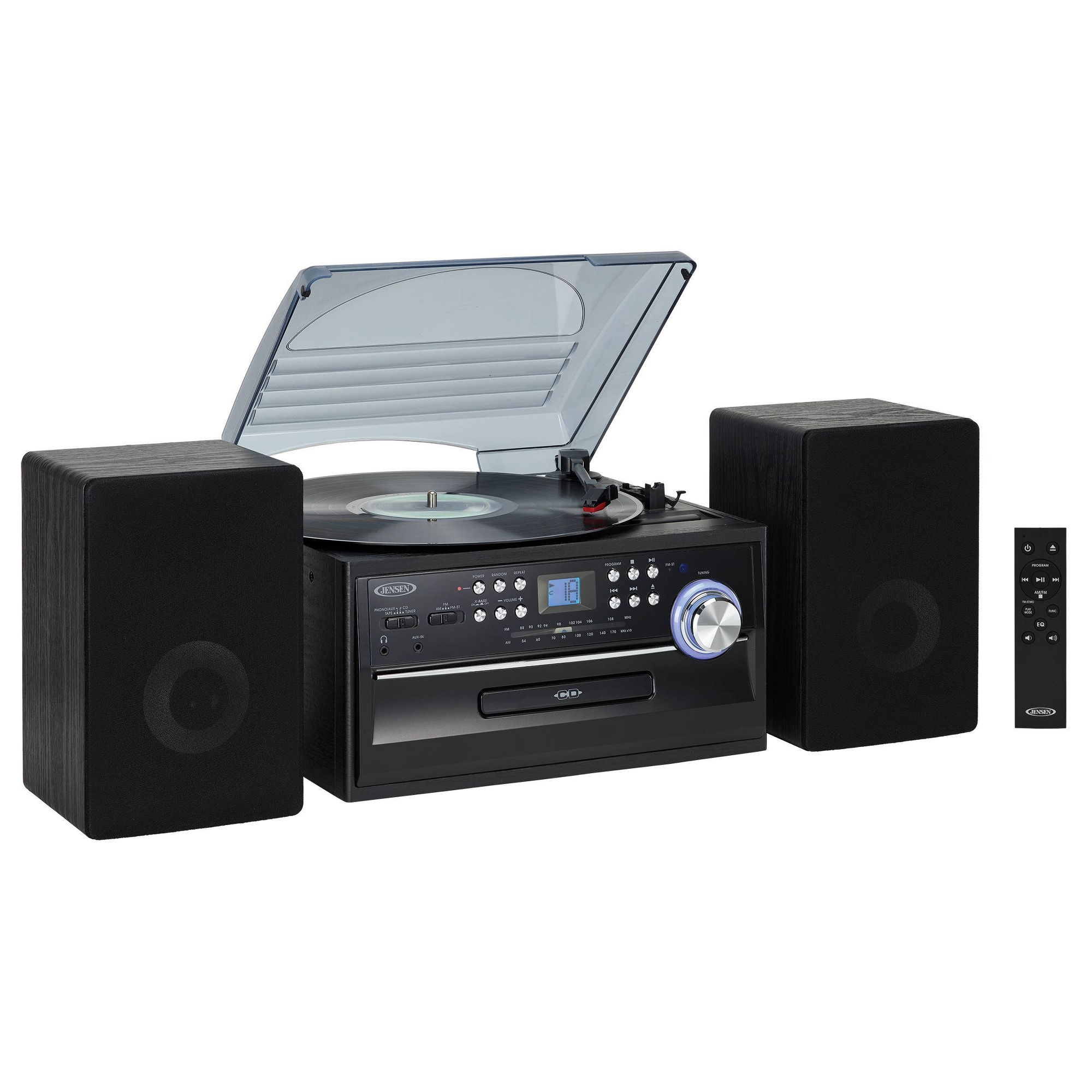 Jensen 3-Speed Stereo Turntable with Pitch Control/CD/Cassette and AM/FM Stereo Radio - Black: Vinyl Record Player, Programmable Memory