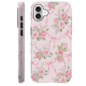 BONGEEK Generic Case Compatible with iPhone 16,Scratch Resistant Hybrid 2-Layer Hard Shell Phone Case,Bows Roses Pink Ribbon Aesthetic - 1 of 4