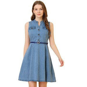 Allegra K Women's Denim Sleeveless V Neck Belted Fit And Flare Shirt Dress - 1 of 4