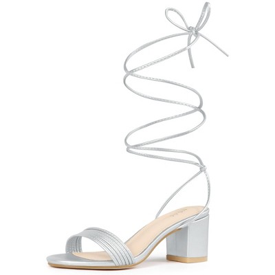 Allegra K Women's Open Toe Sparkle Strappy Lace Up Block Heel Sandals