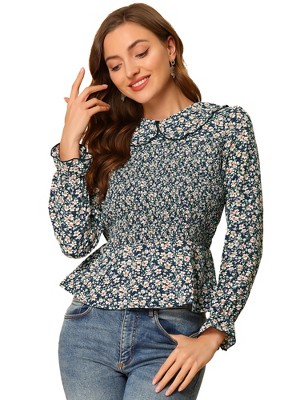 Allegra K Women's Peter Pan Collar Long Sleeve Casual Chiffon Floral Smocked Top