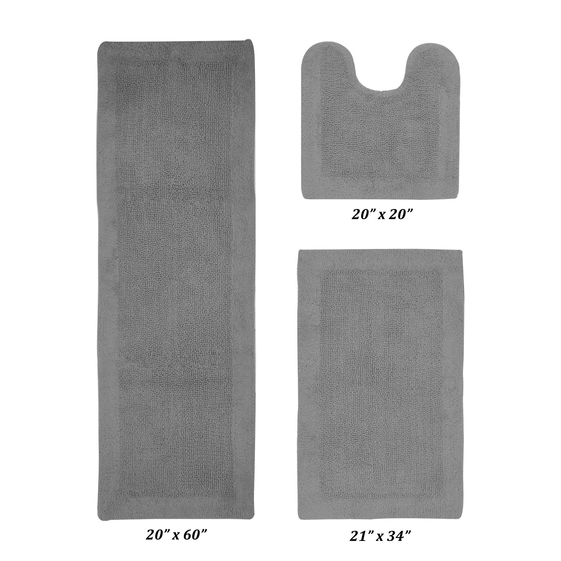Better Trends Edge 100% Cotton Tufted Reversible Bath Rug Set 3 PC (20" x 20" | 21" x 34" | 20" x 60") - Gray