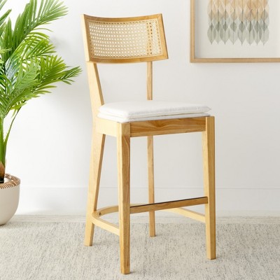 Natural Wood and Woven Cane Counter Stool with White Cushion
