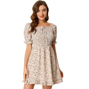 Allegra K Women's Square Neck Puff Sleeve Smocked Floral Ruffled Hem Dress - 1 of 4
