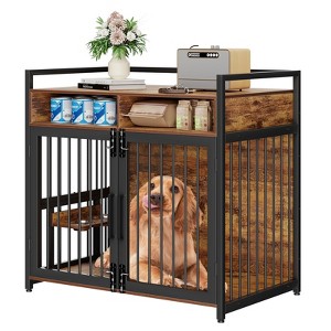41 Inch Dog Crate Furniture - Large Dog Cage for Medium Dogs, Adjustable Raised Feeders, Indoor Heavy Duty Metal End Table, 2 Open Storage Shelves - 1 of 4