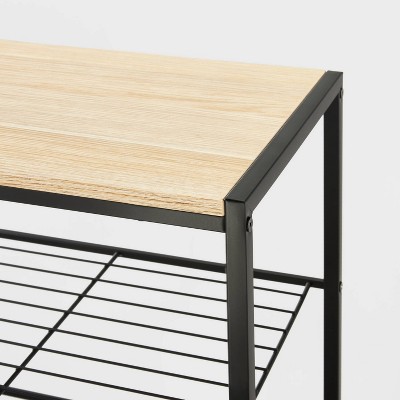 4-Tier Black Metal Shoe Rack with Natural Wood Top