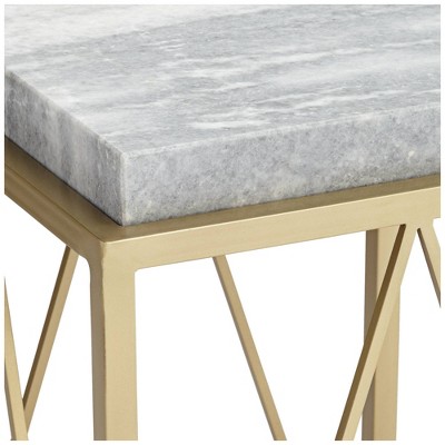 Gold and White Marble Square Accent Table with Geometric Metal Frame