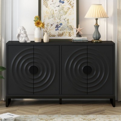 Storage Cabinet Sideboard Wooden Cabinet with Stunning Water Wave Door Design, Rubberwood Veneer and Adjustable Shelves