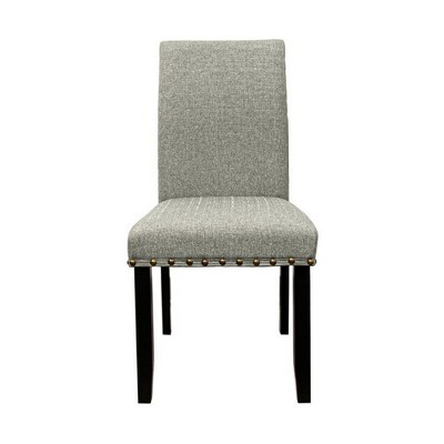 Royal Hampton 25 Inch Dining Chairs, Set of 2, Nailhead Trim, Padded Gray Upholstery, Black Wood