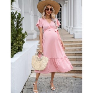 Maternity Dress with V-Neck & Tie Waist - Women's Short Sleeve High Waist Pregnancy Dress - 1 of 4