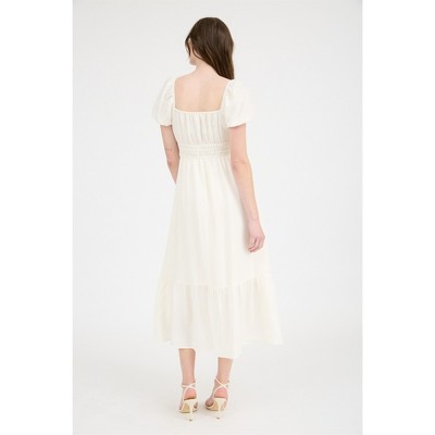Женские платья August Sky Solid Front Tie Puff Sleeve Ruffle Hem Midi Dress, Ivory, Small — фото 2