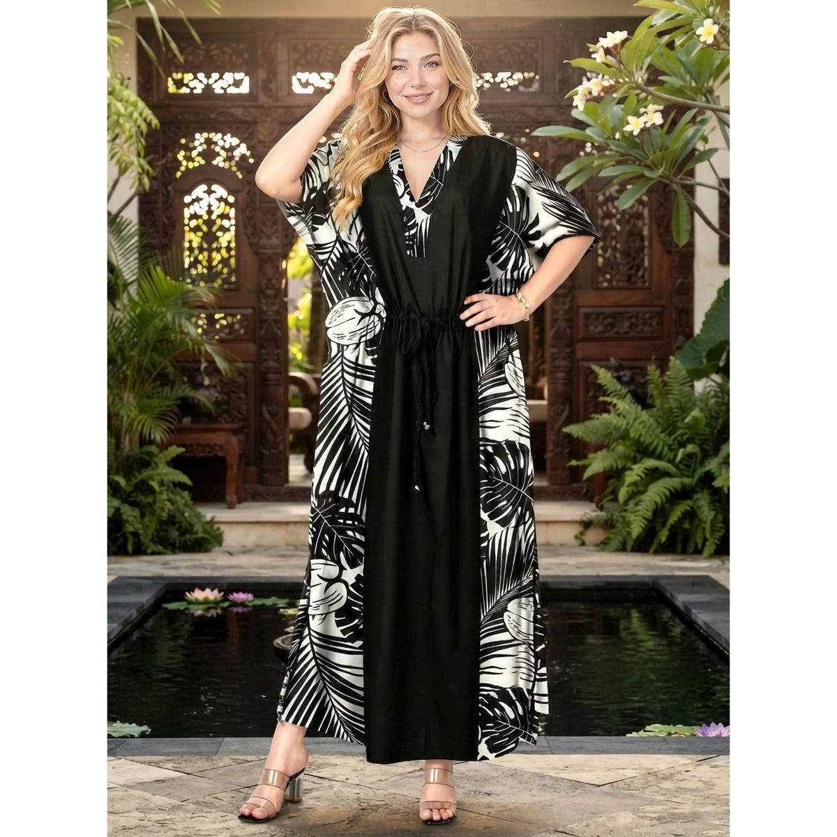 LA LEELA Summer Rayon Blend Women Caftan Dress Resortwear Vacation Holiday Cruise Pregnancy Wear Relaxed Fit Travel Style 2X-3X Black Tie Dye - thumbnail 5