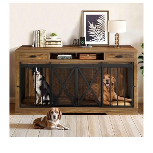 63inch Wooden Double Dog Crate For 2 Dogs TV Stand Dog Kennel Sliding Barn Door for Halloween Christmas Decor - 1 of 4