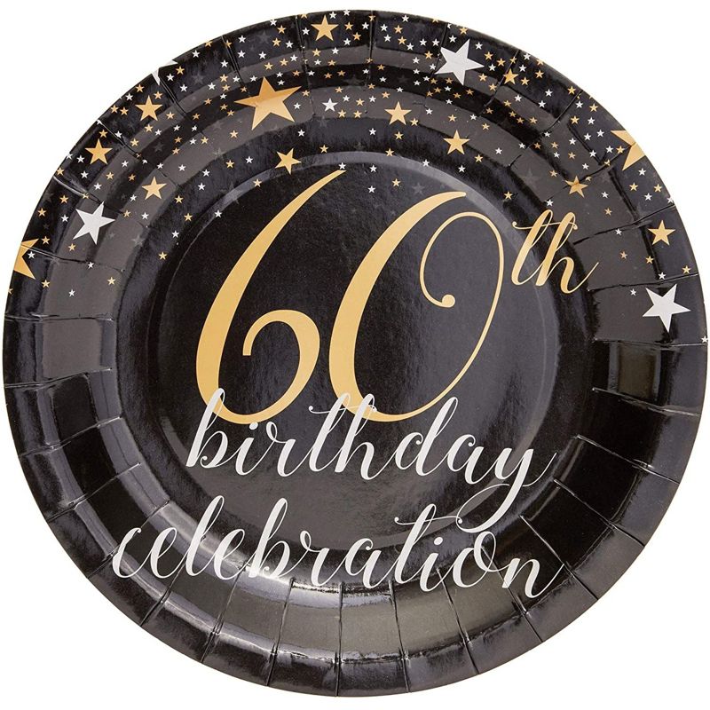 Sparkle and Bash 80-Pack 60th Birthday Disposable Paper Plates 9" Black Party Supplies, 3 of 6