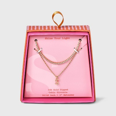 14K Gold Dipped Cubic Zirconia Initial Necklace Set 2pc - A New Day™ Gold