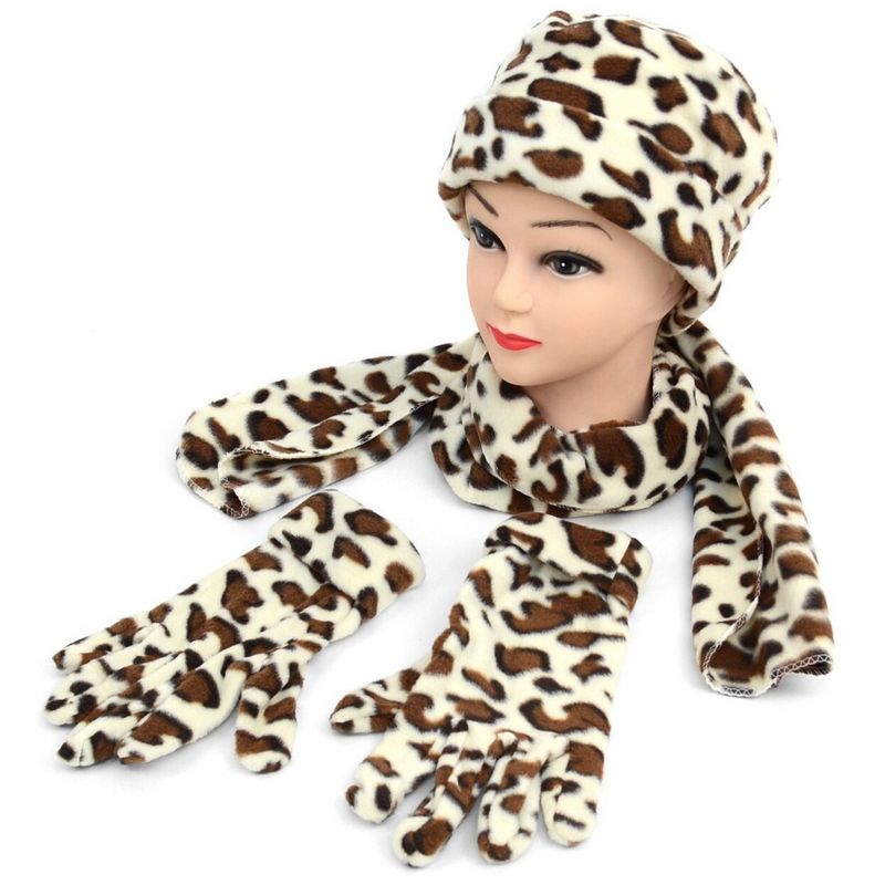 Women's Brown Fleece Jaguar 3-Piece Gloves Scarf Hat Winter Set, 2 of 4