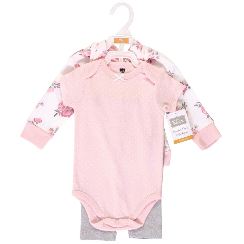 Hudson Baby Infant and Toddler Girl Cotton Hoodie, Bodysuit or Tee Top and Pant Set, Pink Floral Baby, 3 of 4