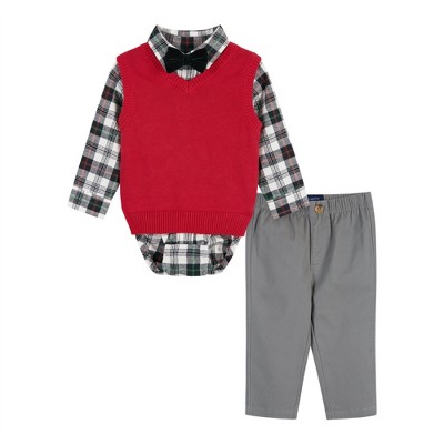 Image of Andy & Evan Infant  Boys White Plaid Buttondown w/Vest Set Red, Size 3-6 Months.