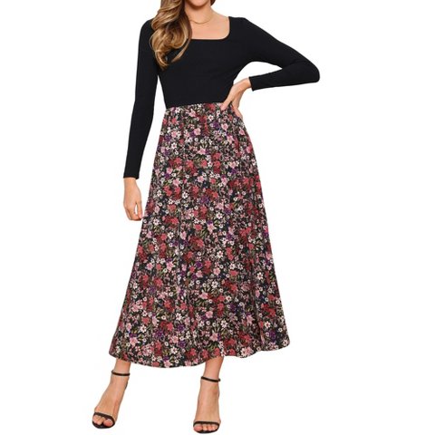 Женские платья INSPIRE CHIC Women's Maxi Swing Hem Square Neck Vintage Patchwork Party Dress Large Black Red