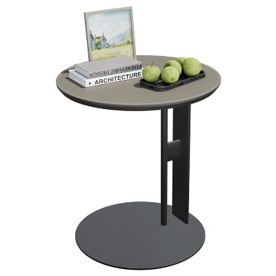 C Shape Round Side Table with Microfiber Saddle Leather Top, Couch Side End Table