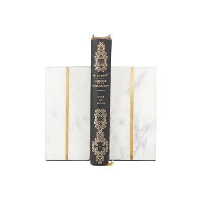 Set Of 2 Marble Geometric Bookends With Gold Inlay White – Cosmoliving 