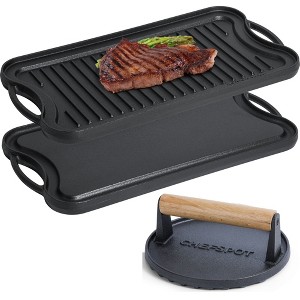 CHEFSPOT 2PC Preseasoned Cast Iron Set: Reversible Griddle Pan with Round Grill Press - 1 of 4