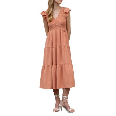 August Sky Women's V-neck Smocked Tiered Midi Dress