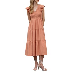 August Sky Women's V-neck Smocked Tiered Midi Dress - 1 of 4